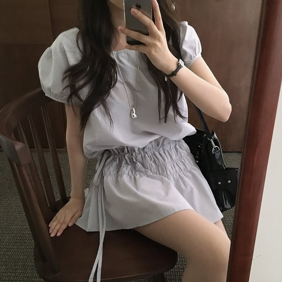 레트로 품격 캐주얼 작은 키 밴딩 펌프 로프 레이스업 디자인 거품 소매 드레스 이미지 5