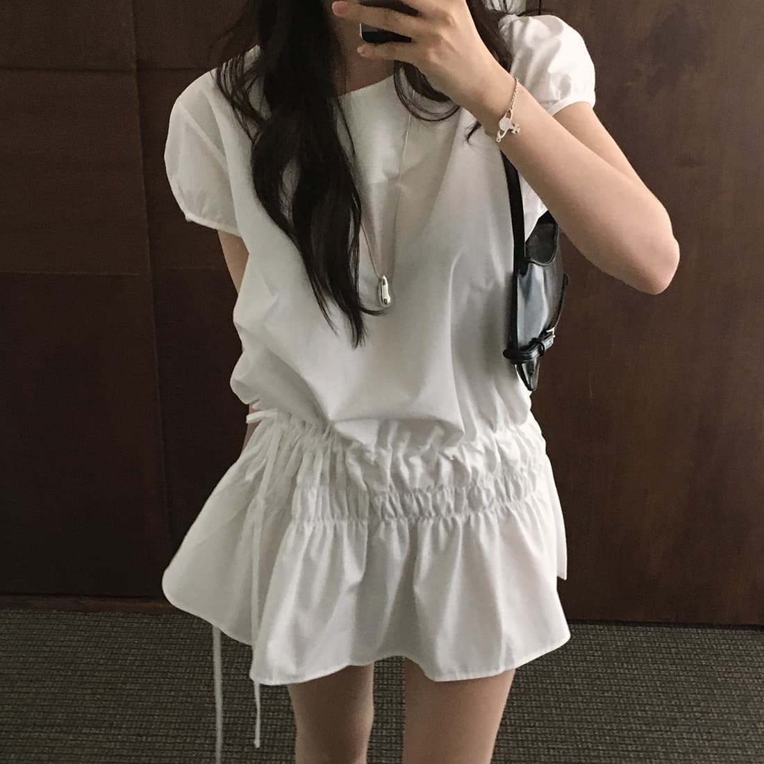 레트로 품격 캐주얼 작은 키 밴딩 펌프 로프 레이스업 디자인 거품 소매 드레스 이미지 3
