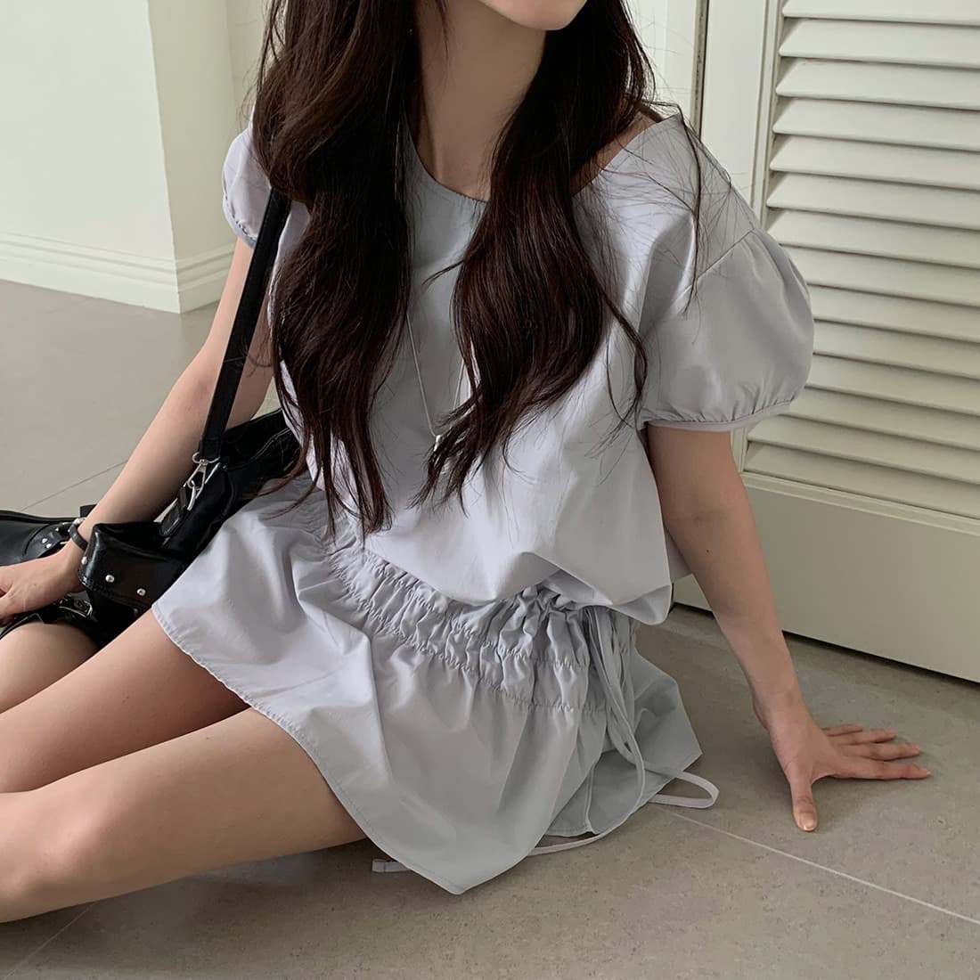 레트로 품격 캐주얼 작은 키 밴딩 펌프 로프 레이스업 디자인 거품 소매 드레스 상세 이미지 21
