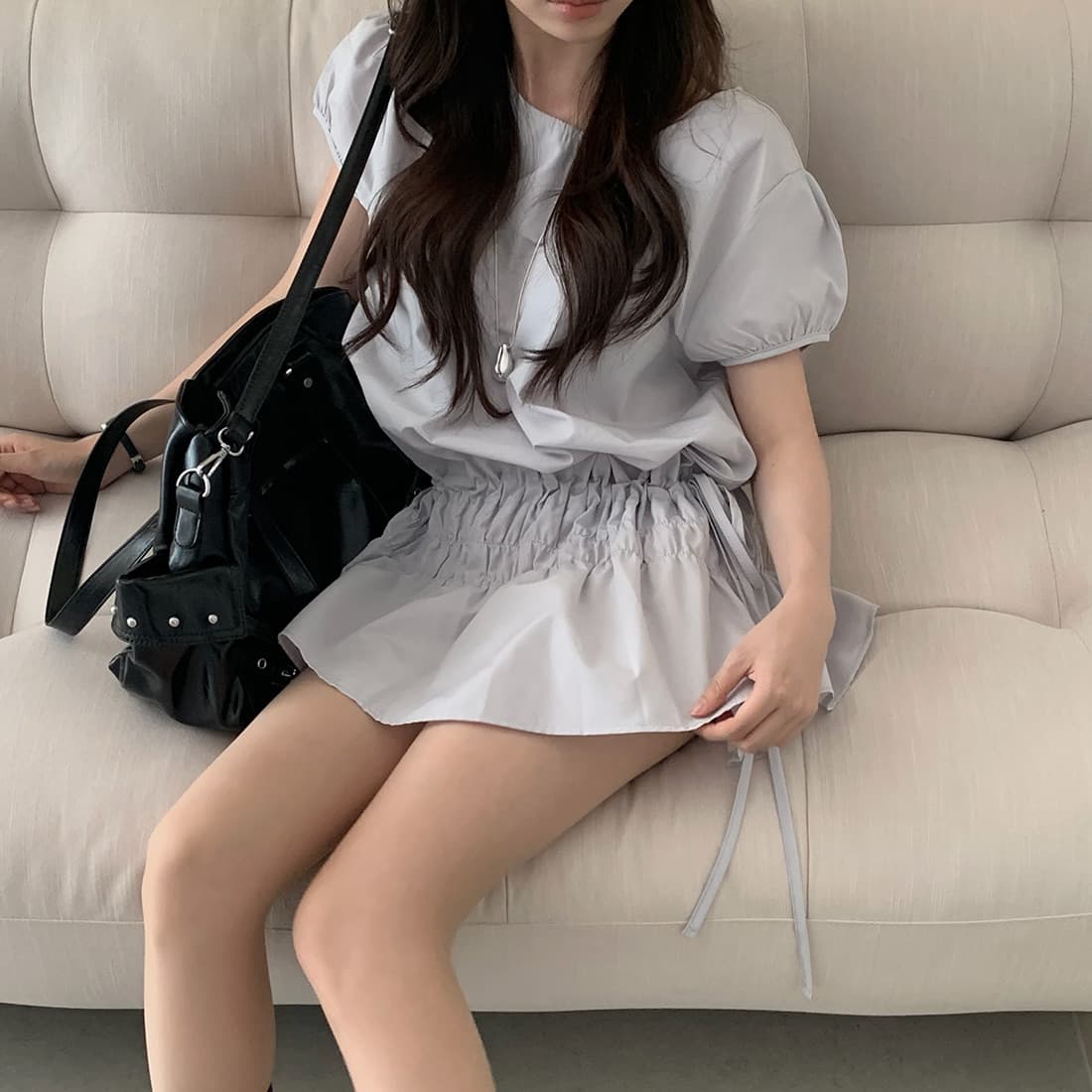 레트로 품격 캐주얼 작은 키 밴딩 펌프 로프 레이스업 디자인 거품 소매 드레스 상세 이미지 24