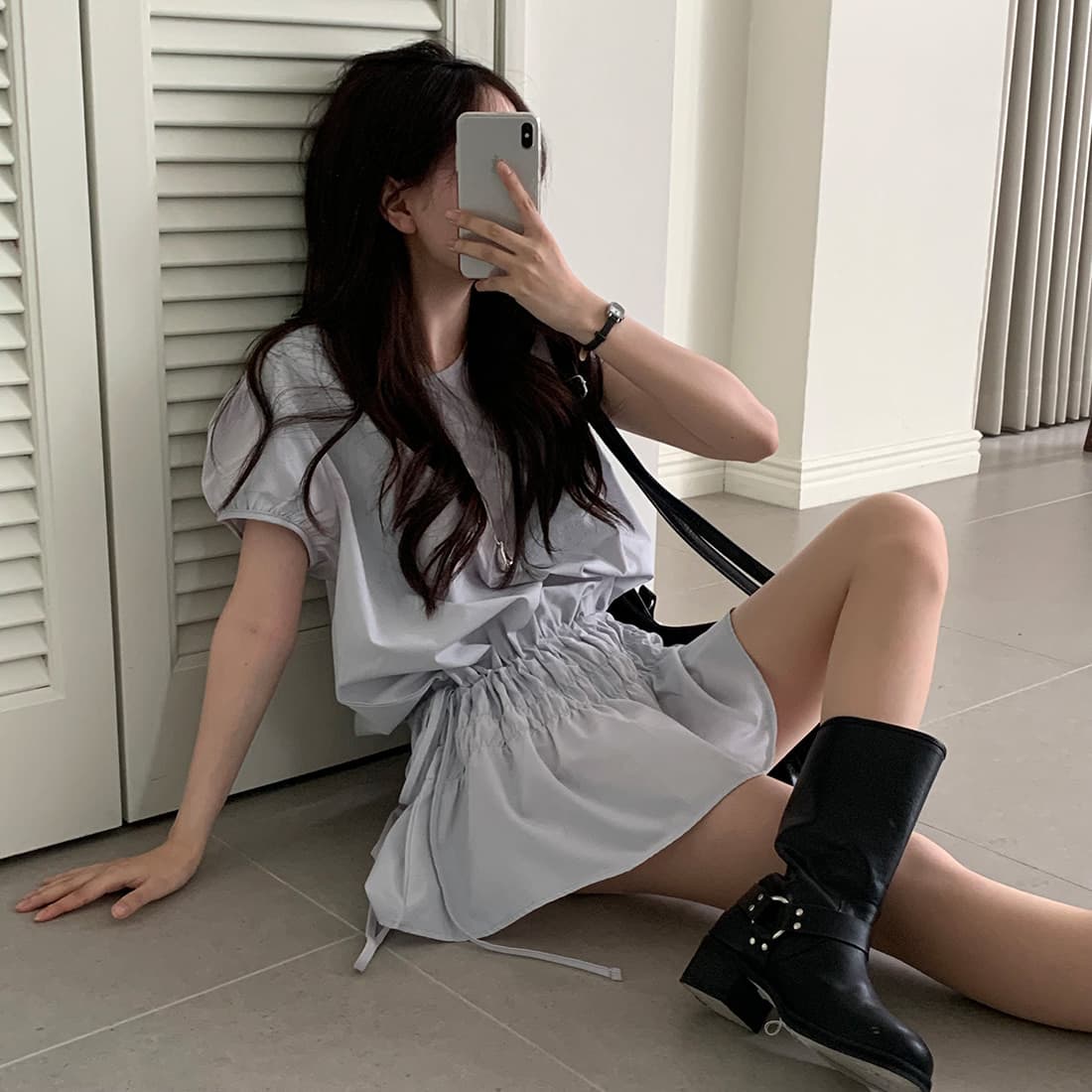 레트로 품격 캐주얼 작은 키 밴딩 펌프 로프 레이스업 디자인 거품 소매 드레스 상세 이미지 27