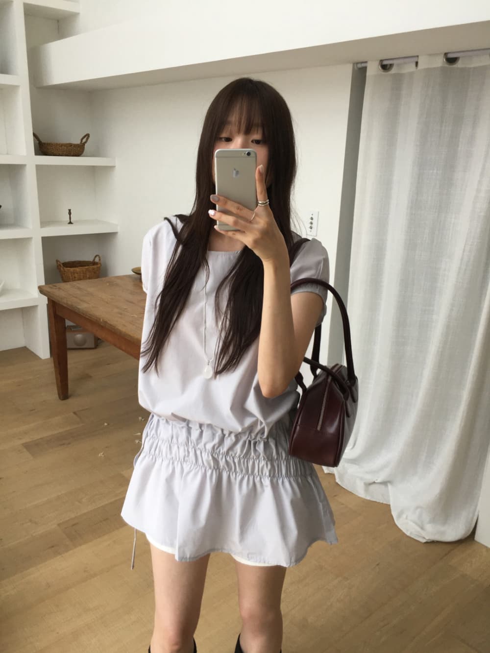 한국 ins 작은 대중 디자인 센스 캐주얼 슬림해 보이는 밴딩 펌프 로프 레이스업 작은 키 거품 소매 드레스 상세 이미지 2