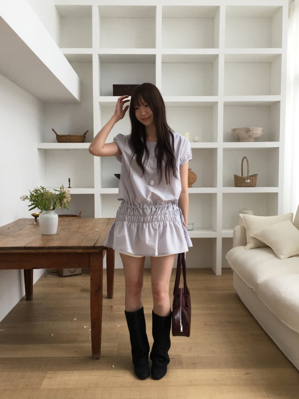 한국 ins 작은 대중 디자인 센스 캐주얼 슬림해 보이는 밴딩 펌프 로프 레이스업 작은 키 거품 소매 드레스 상세 이미지 6