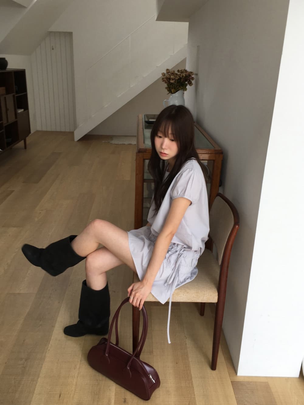 한국 ins 작은 대중 디자인 센스 캐주얼 슬림해 보이는 밴딩 펌프 로프 레이스업 작은 키 거품 소매 드레스 상세 이미지 13