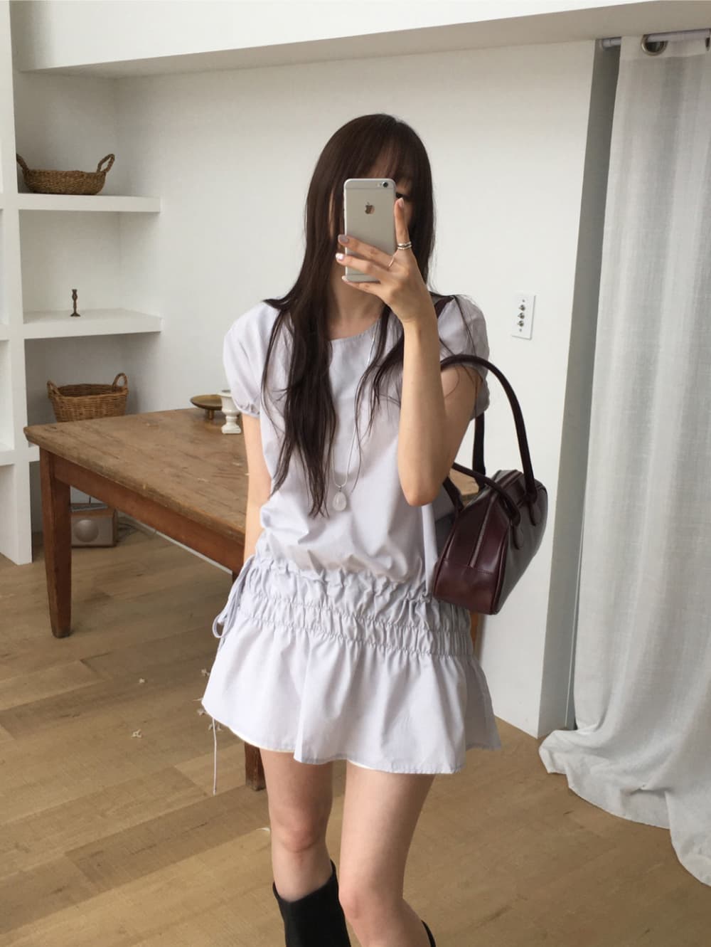 한국 ins 작은 대중 디자인 센스 캐주얼 슬림해 보이는 밴딩 펌프 로프 레이스업 작은 키 거품 소매 드레스 상세 이미지 18