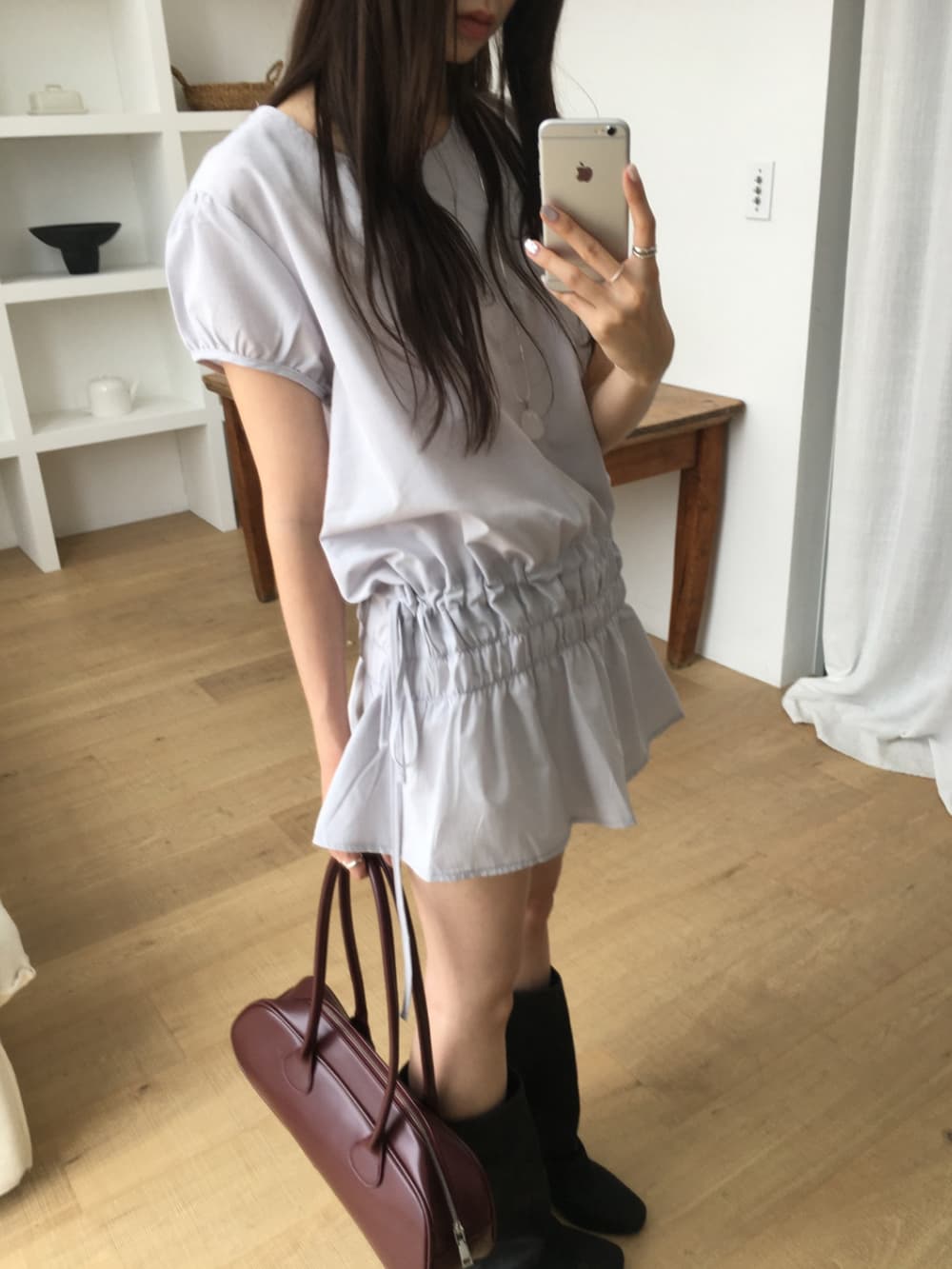 한국 ins 작은 대중 디자인 센스 캐주얼 슬림해 보이는 밴딩 펌프 로프 레이스업 작은 키 거품 소매 드레스 상세 이미지 19