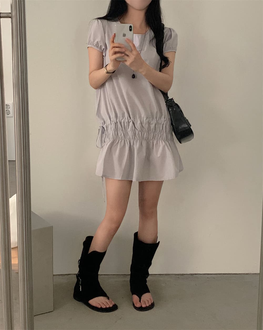 프랑스식 작은 대중 디자인 센스 캐주얼 슬림해 보이는 밴딩 펌프 로프 레이스업 쇼트 스타일 여성 드레스 상세 이미지 6
