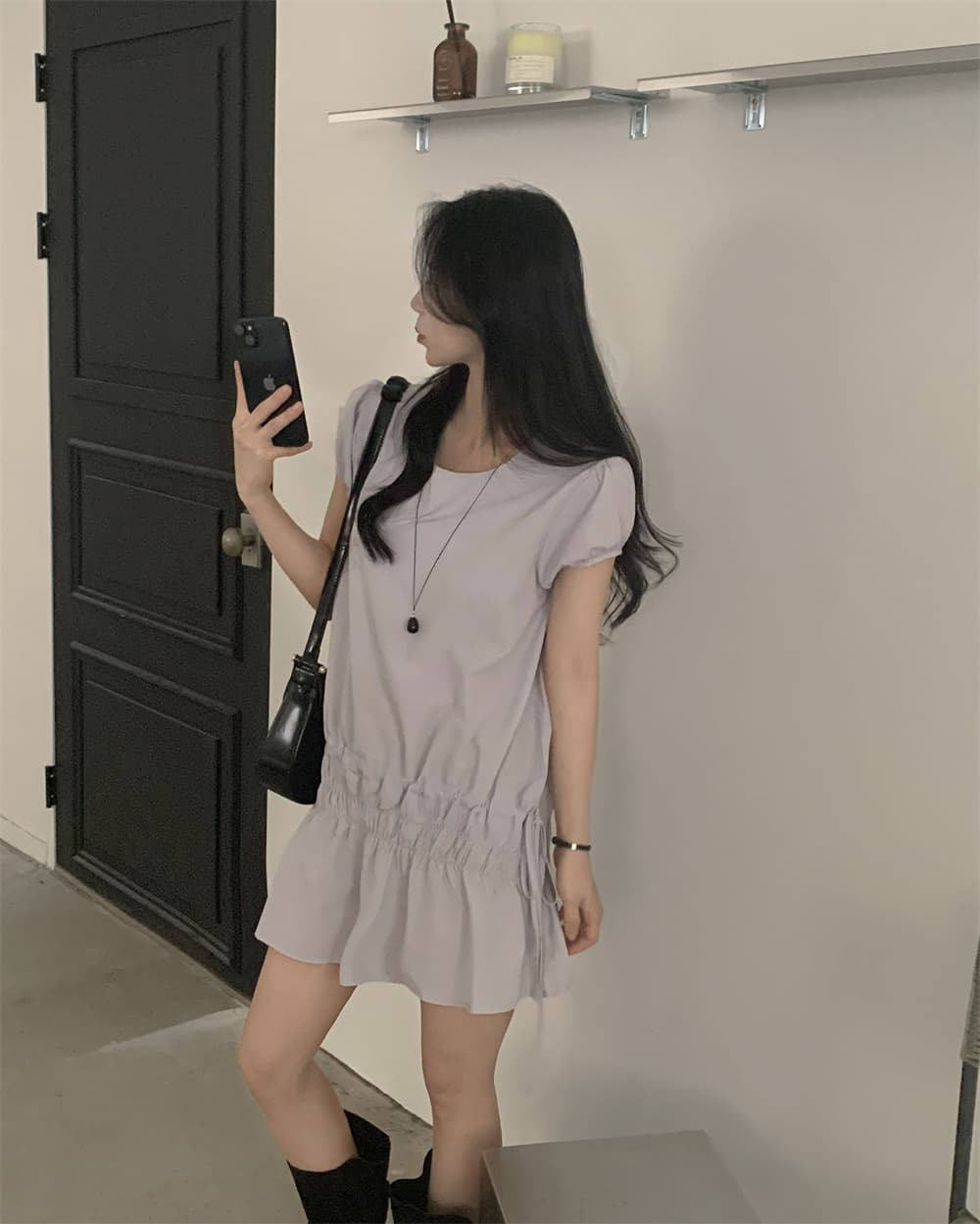 프랑스식 작은 대중 디자인 센스 캐주얼 슬림해 보이는 밴딩 펌프 로프 레이스업 쇼트 스타일 여성 드레스 상세 이미지 10