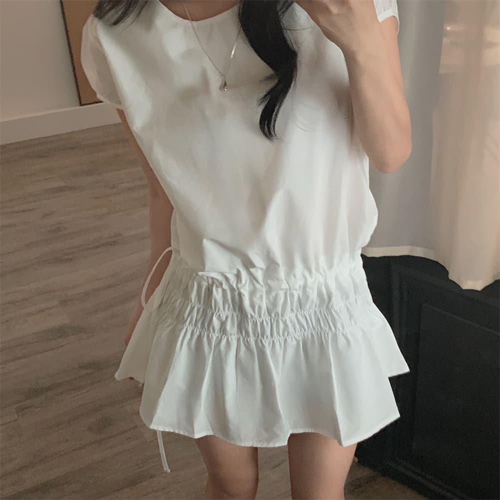프랑스식 작은 대중 디자인 센스 캐주얼 슬림해 보이는 밴딩 펌프 로프 레이스업 쇼트 스타일 여성 드레스 상세 이미지 13