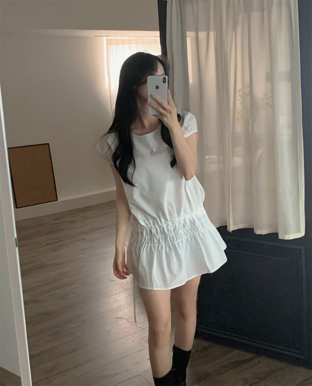 프랑스식 작은 대중 디자인 센스 캐주얼 슬림해 보이는 밴딩 펌프 로프 레이스업 쇼트 스타일 여성 드레스 상세 이미지 15