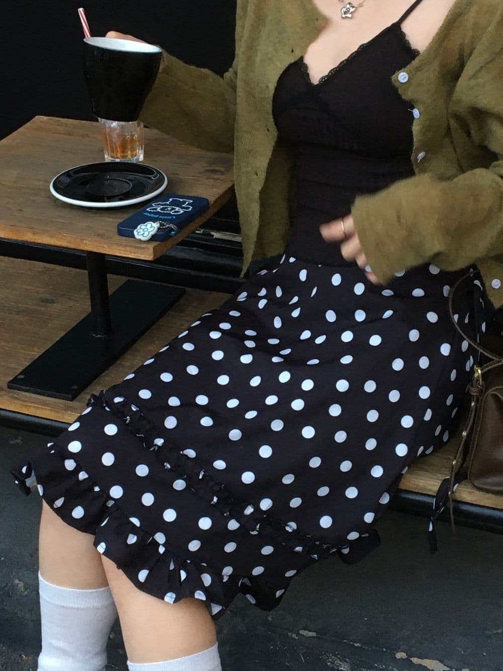 레트로 일본식 도트 목이버섯 프릴 등 허리 밴딩 레이스업 반신 스커트 여성 상세 이미지 47