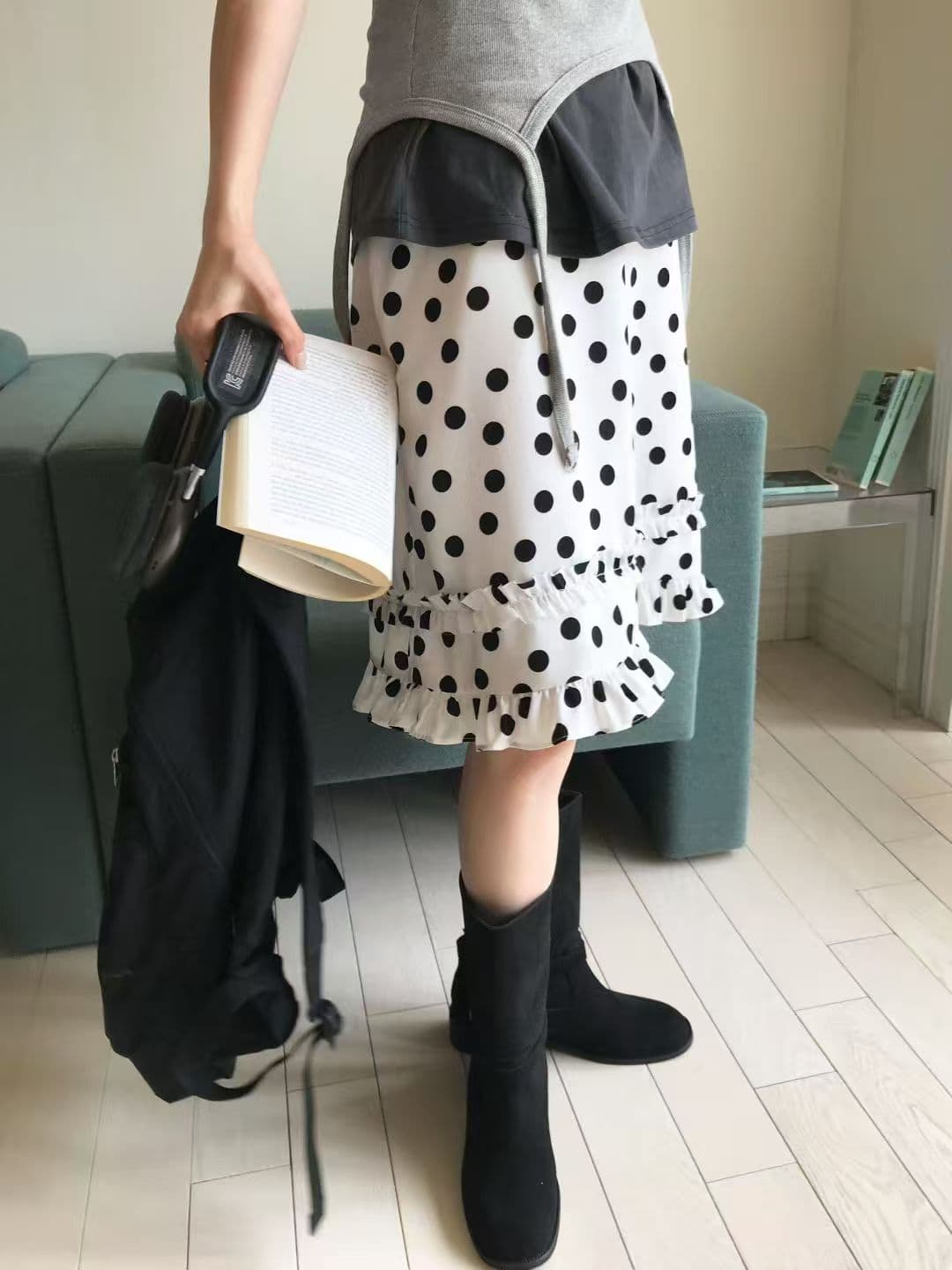 새로운 레트로 도트 무늬 목이버섯 프릴 레이스업 연령 감소 캐주얼 다용도 반신 스커트 상세 이미지 20