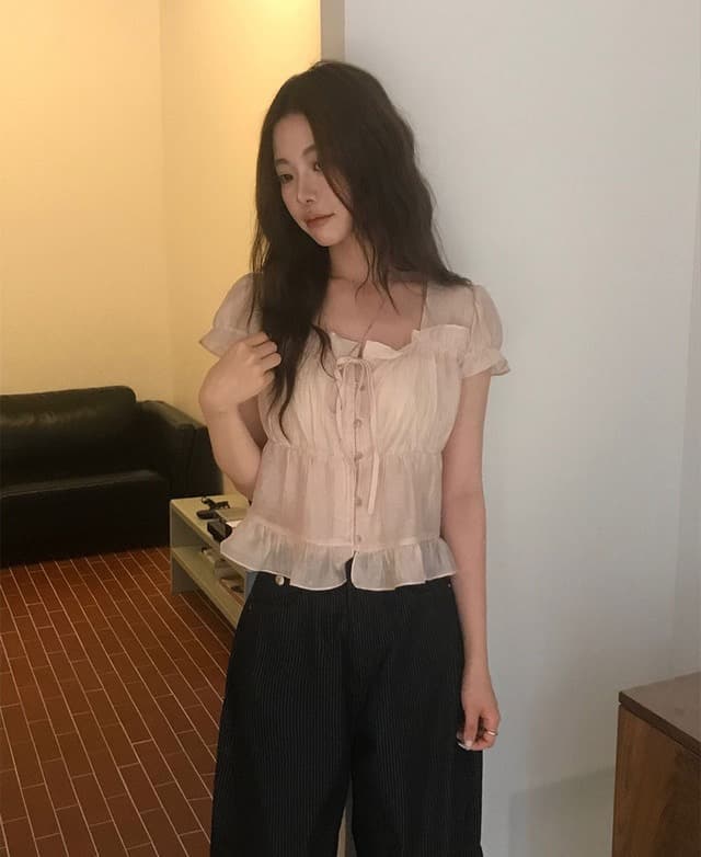 한 부서 여름 프랑스식 달콤함 연령 감소 부드러운 프릴 주름 장식 허리 수축 반팔 쉬폰 셔츠 이미지 2