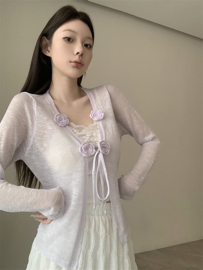 실사 정가 3 차원 꽃 레이스업 자외선 차단 오픈 가디건 여성 여름 외부 가져 가라. 얼음 실크 에어컨 셔츠 숄 상세 이미지 1