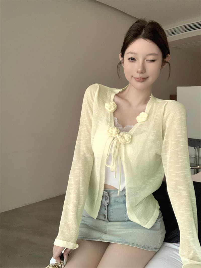 실사 정가 3 차원 꽃 레이스업 자외선 차단 오픈 가디건 여성 여름 외부 가져 가라. 얼음 실크 에어컨 셔츠 숄 상세 이미지 14
