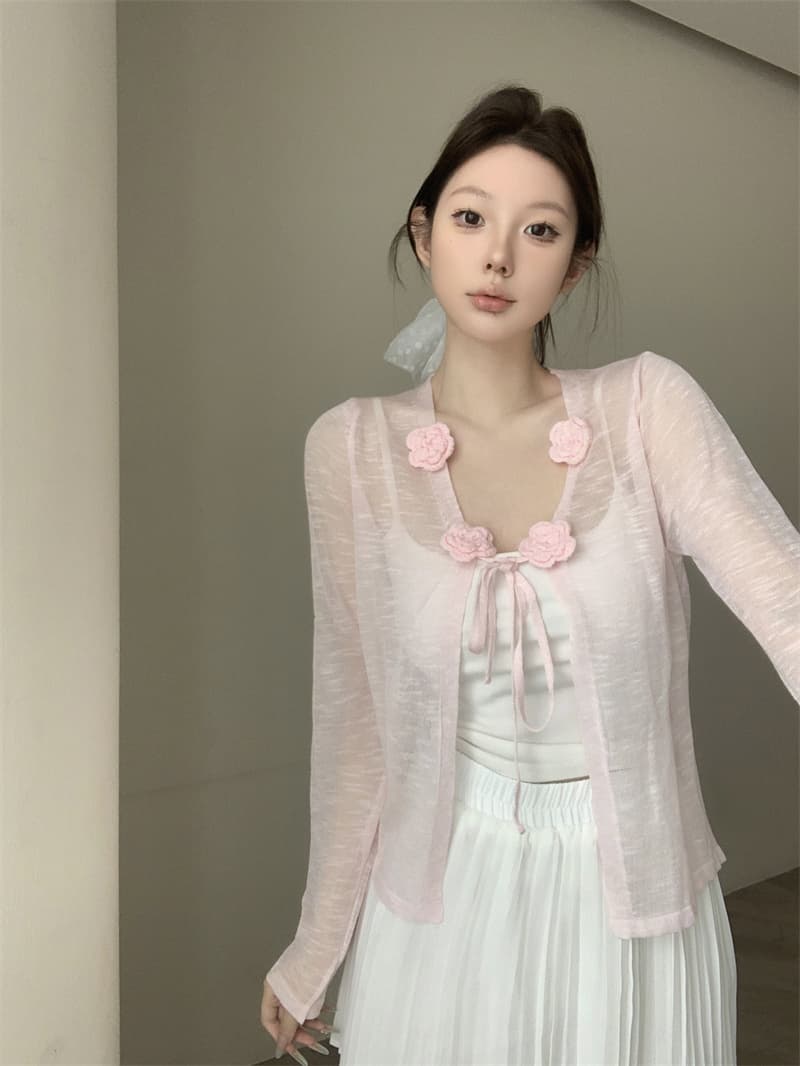 실사 정가 3 차원 꽃 레이스업 자외선 차단 오픈 가디건 여성 여름 외부 가져 가라. 얼음 실크 에어컨 셔츠 숄 상세 이미지 15
