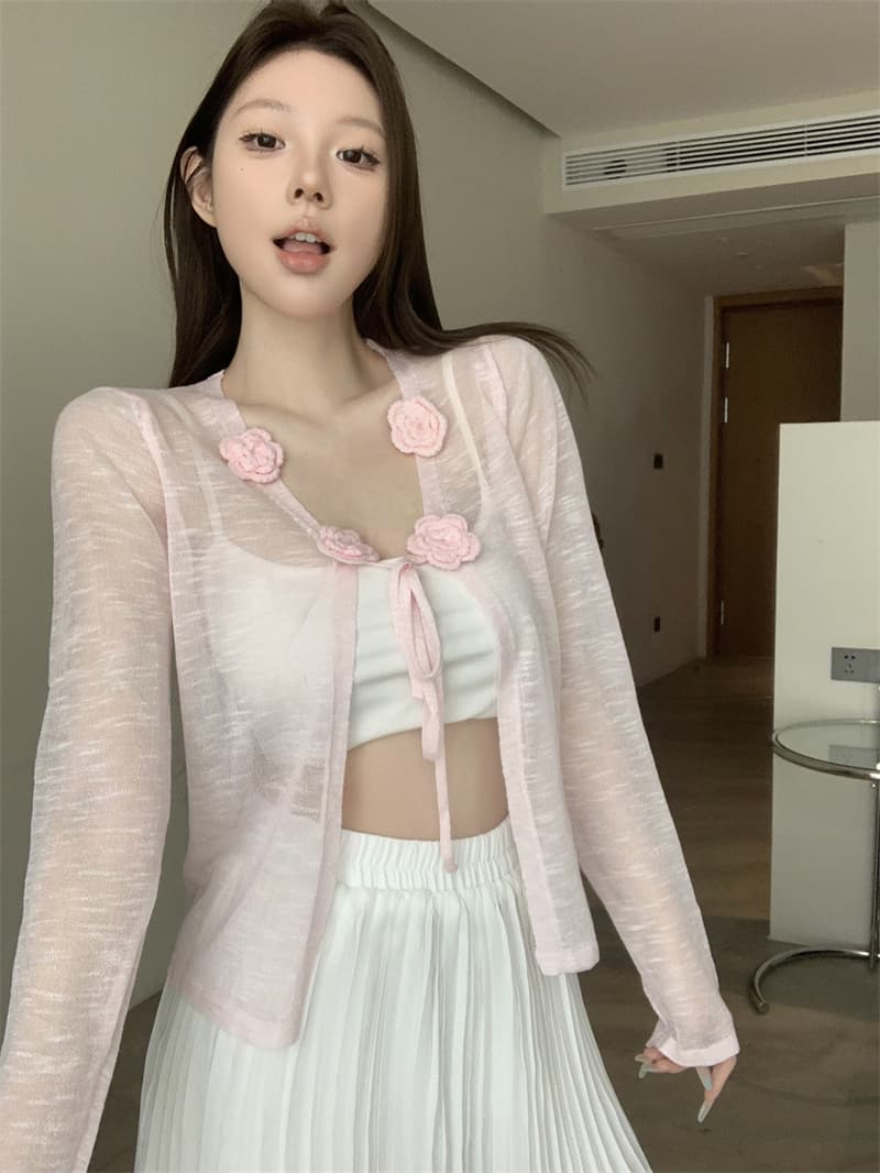 실사 정가 3 차원 꽃 레이스업 자외선 차단 오픈 가디건 여성 여름 외부 가져 가라. 얼음 실크 에어컨 셔츠 숄 상세 이미지 16