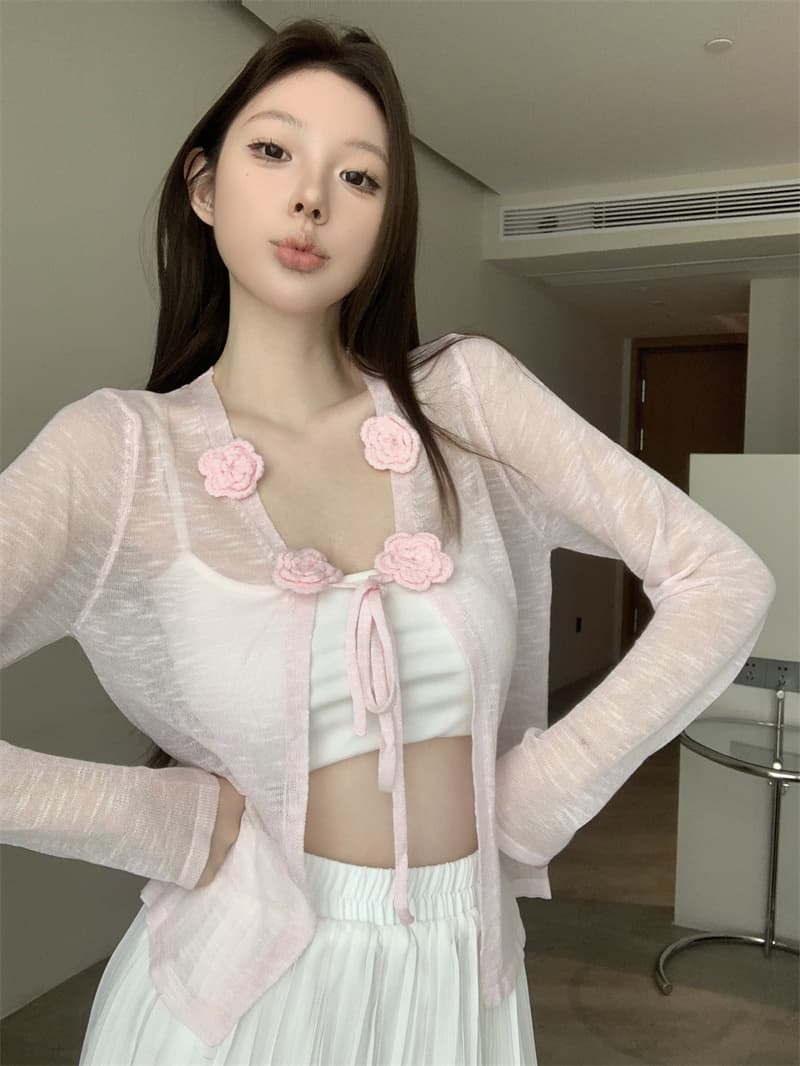 실사 정가 3 차원 꽃 레이스업 자외선 차단 오픈 가디건 여성 여름 외부 가져 가라. 얼음 실크 에어컨 셔츠 숄 상세 이미지 17