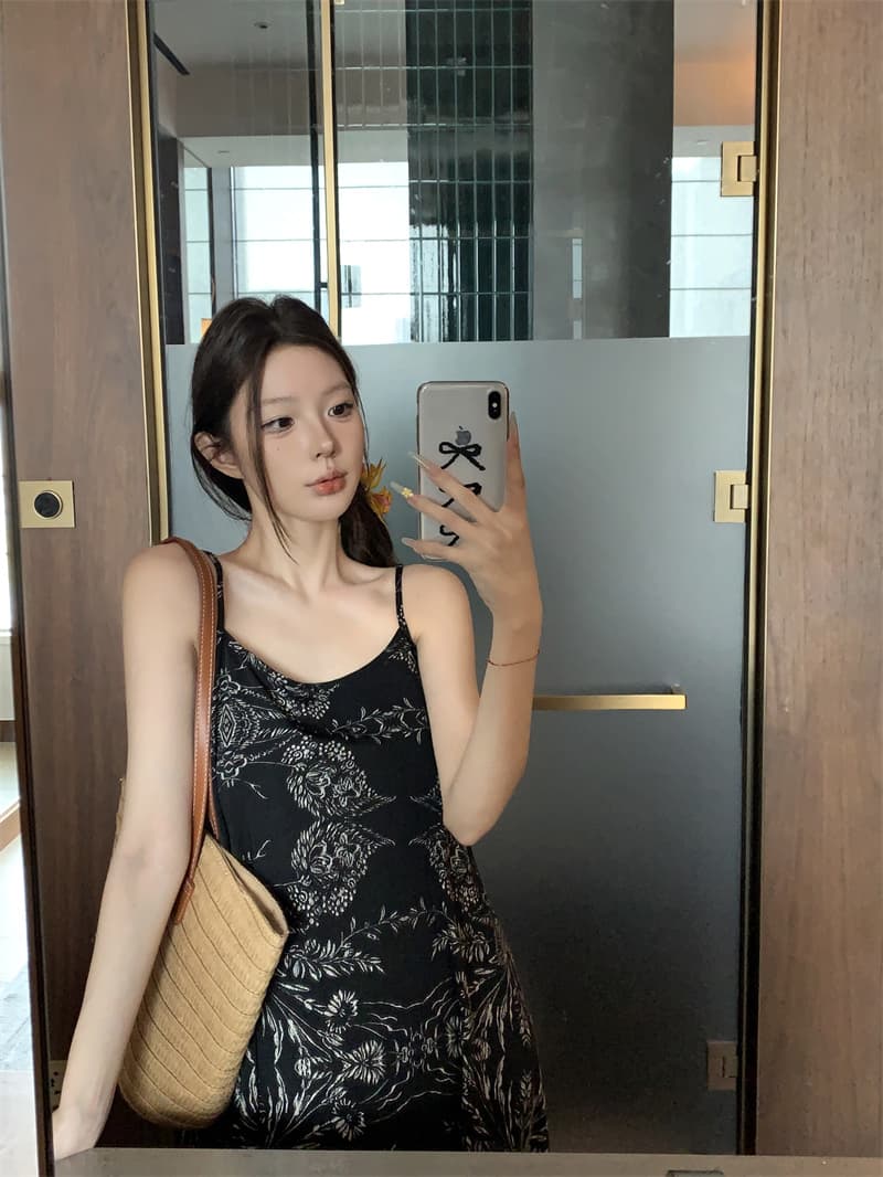 실사 정가 새로운 프랑스식 헤일로 염색 레트로 프린트 슬립 여성 드레스 디자인 센스 작은 대중 롱 스커트 상세 이미지 13