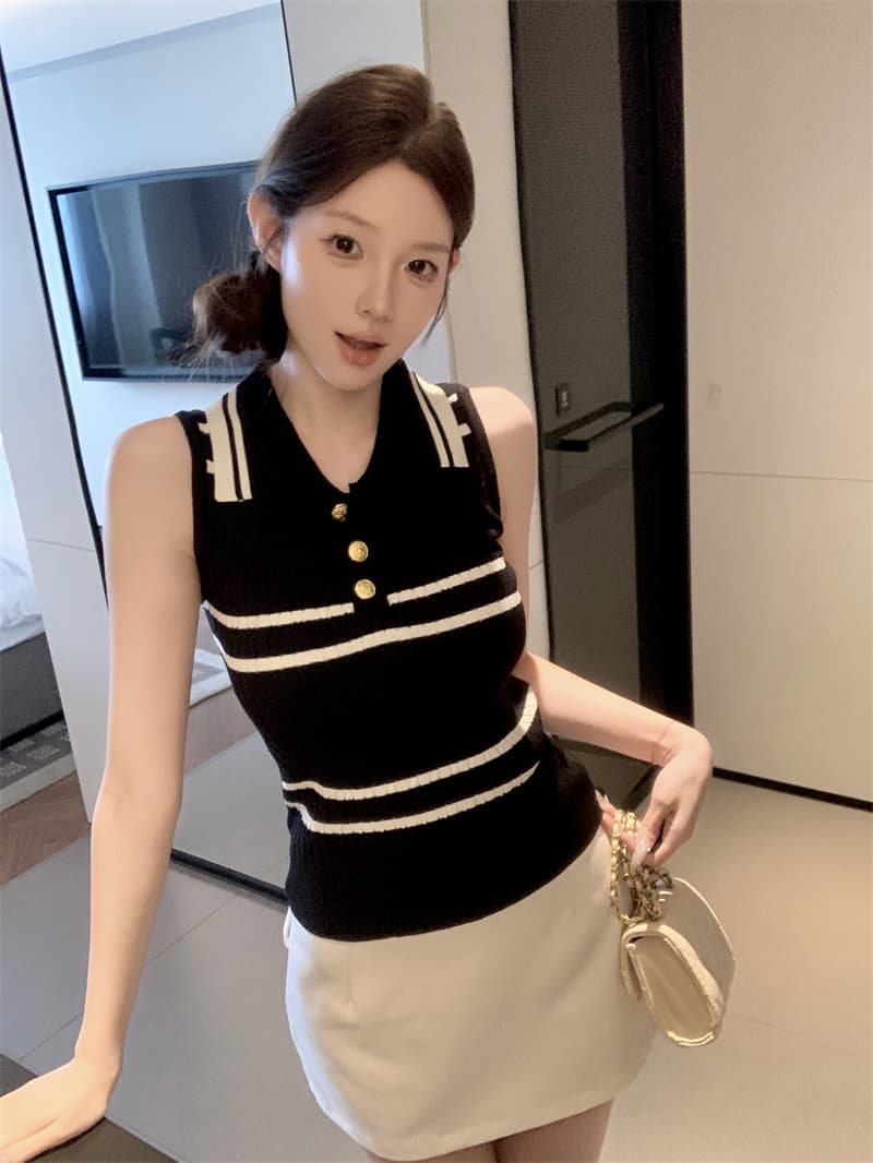 실사 정가 스트라이프 조끼 여성 여름 새로운 한국 스타일 작은 샤넬 스타일 무거운 작업 배색 연령 감소 민소매 맨위 상세 이미지 9