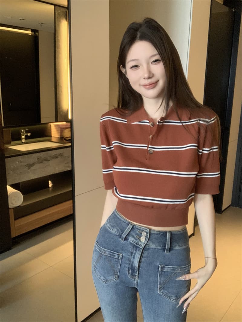 실사 정가 miu 모카 소녀 세련된 모델 학생 학원 센스 스트라이프 배색 니트 POLO 셔츠 상세 이미지 2