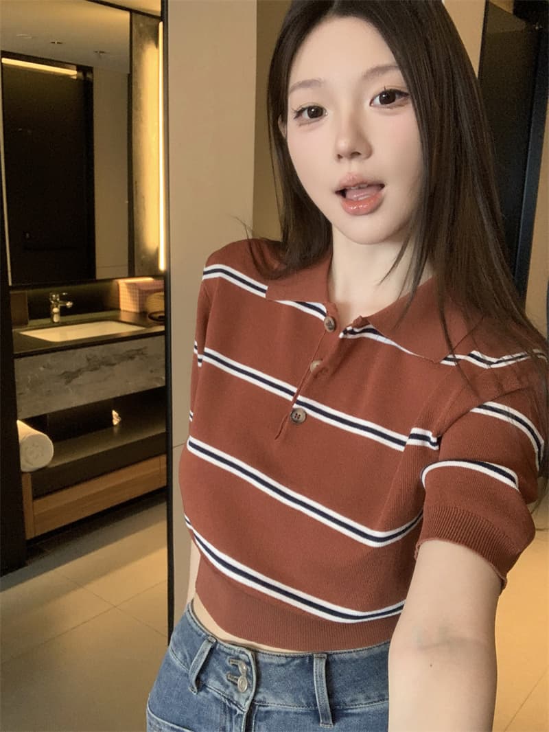 실사 정가 miu 모카 소녀 세련된 모델 학생 학원 센스 스트라이프 배색 니트 POLO 셔츠 상세 이미지 3