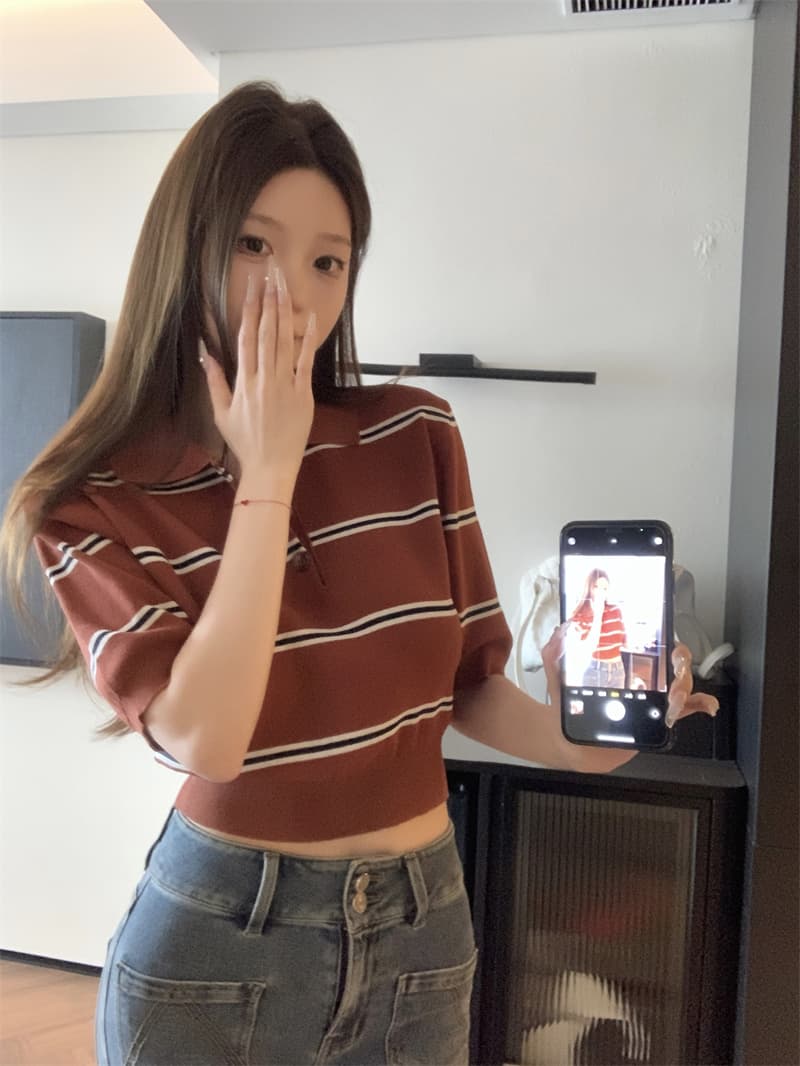 실사 정가 miu 모카 소녀 세련된 모델 학생 학원 센스 스트라이프 배색 니트 POLO 셔츠 상세 이미지 9