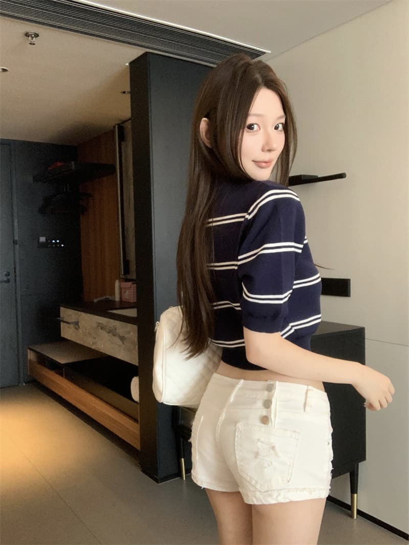 실사 정가 miu 모카 소녀 세련된 모델 학생 학원 센스 스트라이프 배색 니트 POLO 셔츠 상세 이미지 12
