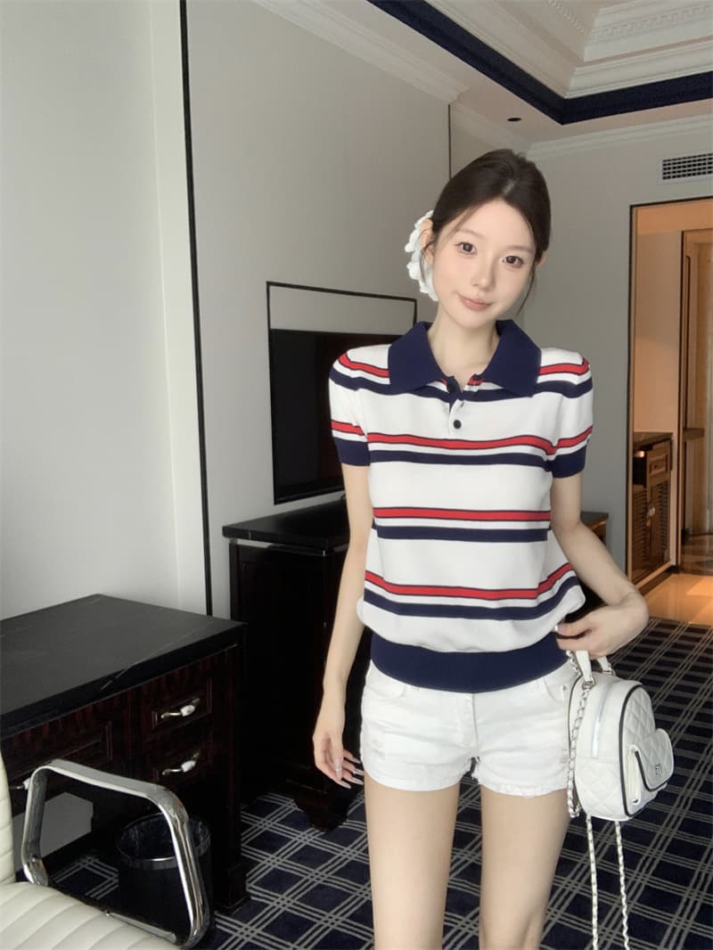 실사 정가 miu 부서 스트라이프 POLO 칼라 니트 반팔 티셔츠 여성 의류 여름 디자인 센스 작은 대중 맨위 상세 이미지 1