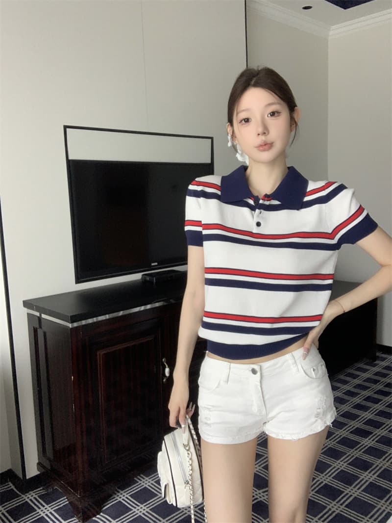 실사 정가 miu 부서 스트라이프 POLO 칼라 니트 반팔 티셔츠 여성 의류 여름 디자인 센스 작은 대중 맨위 상세 이미지 7