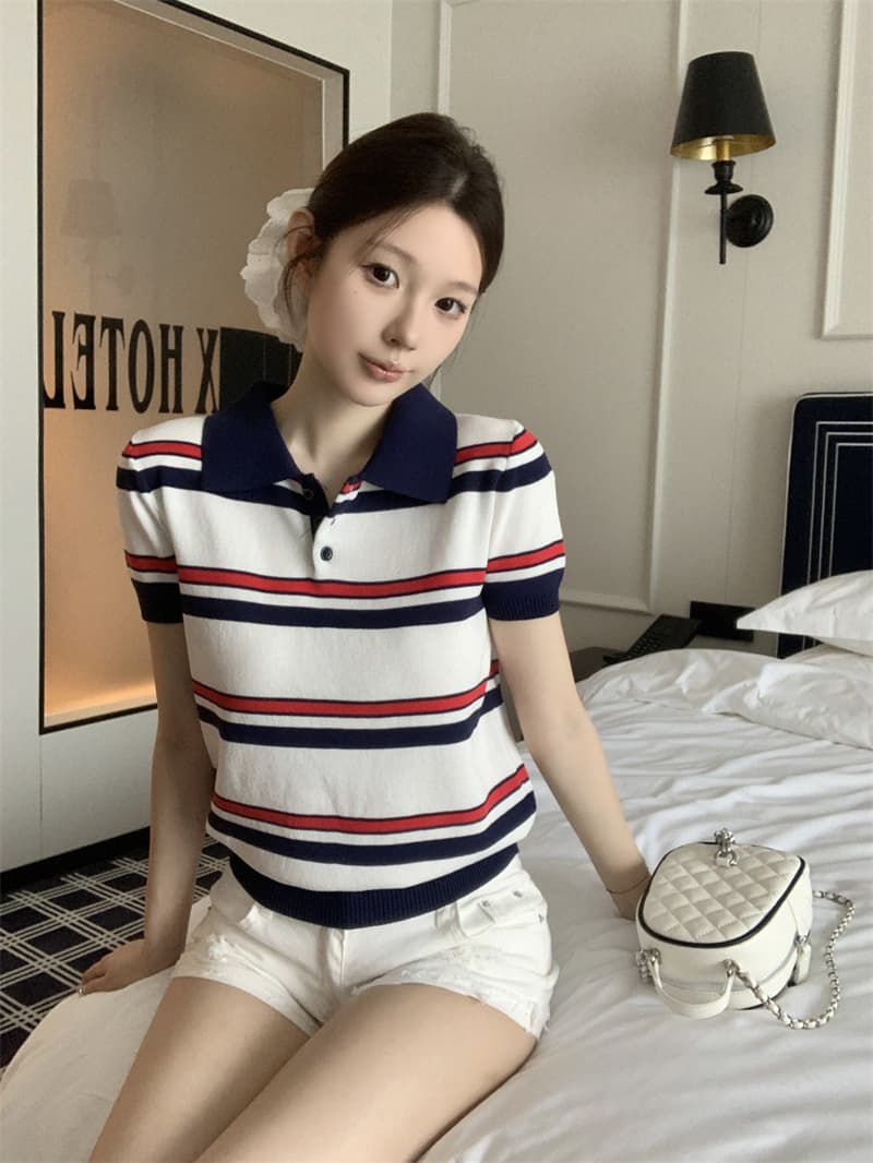 실사 정가 miu 부서 스트라이프 POLO 칼라 니트 반팔 티셔츠 여성 의류 여름 디자인 센스 작은 대중 맨위 상세 이미지 8