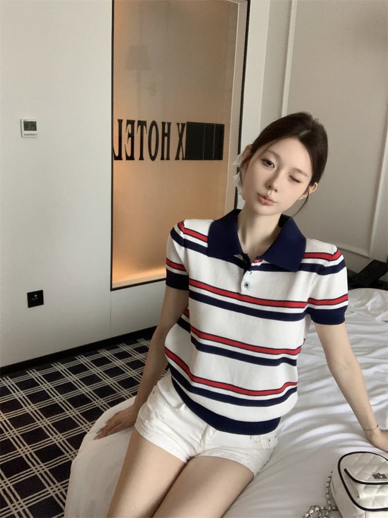 실사 정가 miu 부서 스트라이프 POLO 칼라 니트 반팔 티셔츠 여성 의류 여름 디자인 센스 작은 대중 맨위 상세 이미지 10