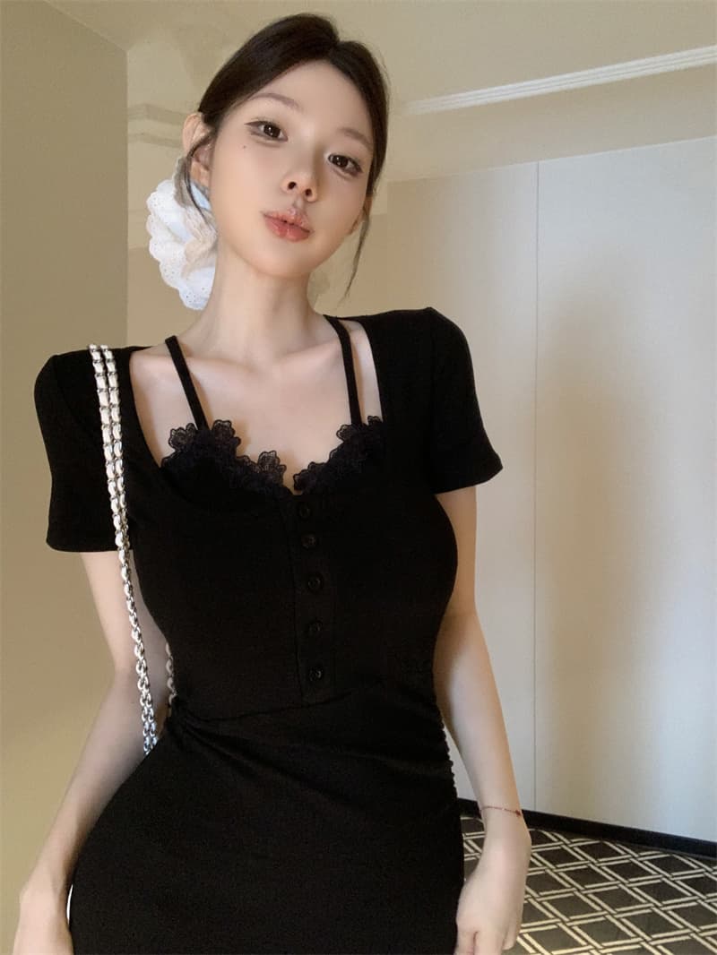 실사 정가 섹시함 순수한 욕망 검정색 레이스 반팔 여성 드레스 로얄 자매 바람 몸매 가꾸기 타이트 스커트 인어 꼬리 길다 치마 상세 이미지 5