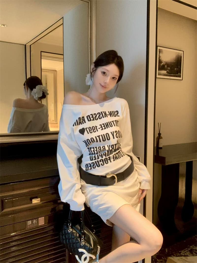 실사 정가 가을 새로운 한국 스타일 패션 한 부서 오프숄더 알파벳 프린트 여성 드레스 벨트 포함 이미지 2