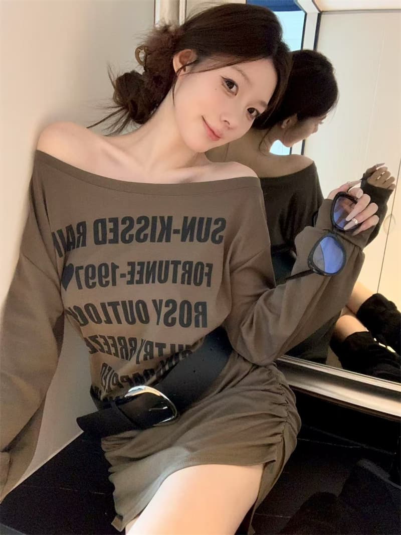 실사 정가 가을 새로운 한국 스타일 패션 한 부서 오프숄더 알파벳 프린트 여성 드레스 벨트 포함 상세 이미지 1
