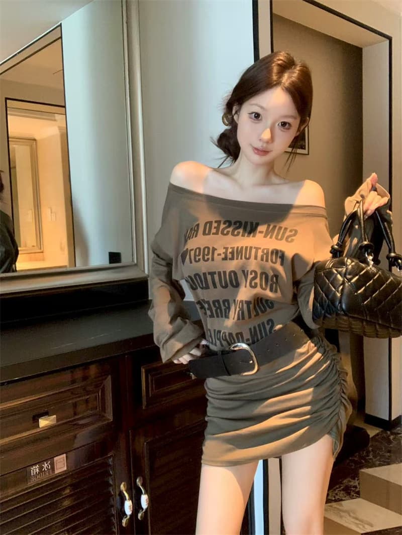실사 정가 가을 새로운 한국 스타일 패션 한 부서 오프숄더 알파벳 프린트 여성 드레스 벨트 포함 상세 이미지 2