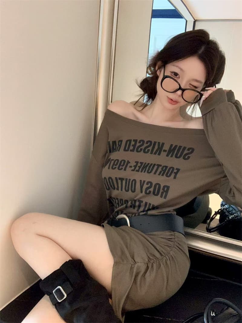 실사 정가 가을 새로운 한국 스타일 패션 한 부서 오프숄더 알파벳 프린트 여성 드레스 벨트 포함 상세 이미지 3