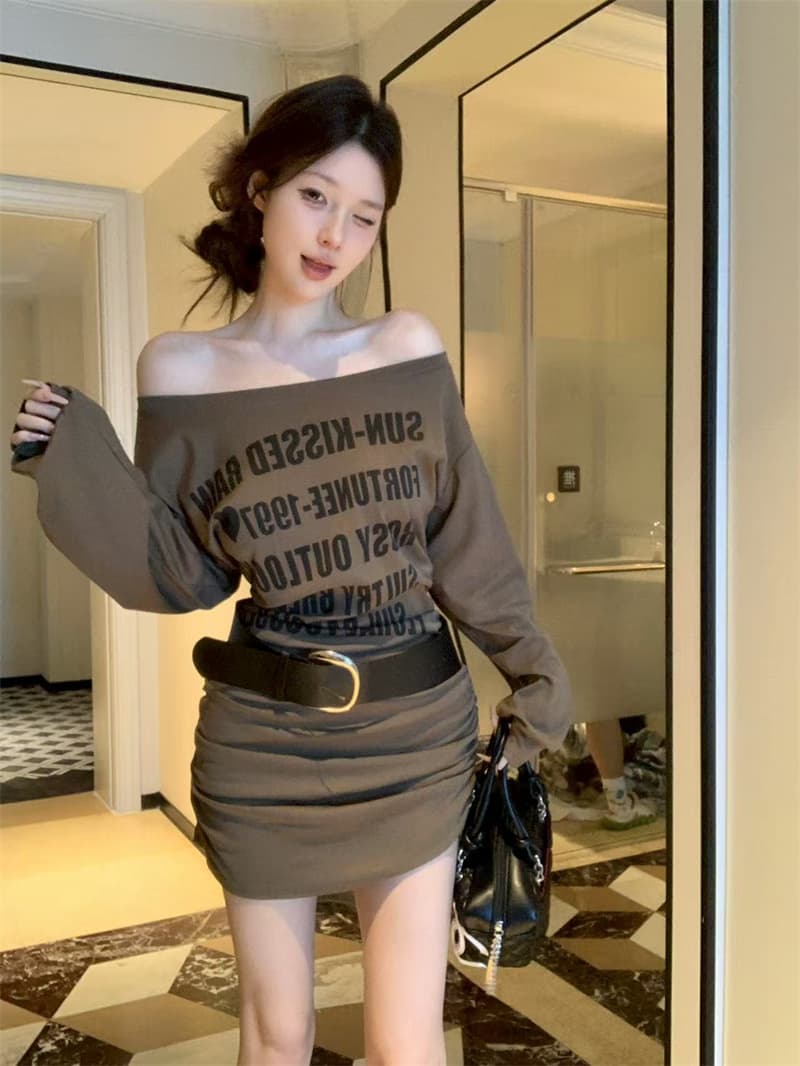 실사 정가 가을 새로운 한국 스타일 패션 한 부서 오프숄더 알파벳 프린트 여성 드레스 벨트 포함 상세 이미지 6