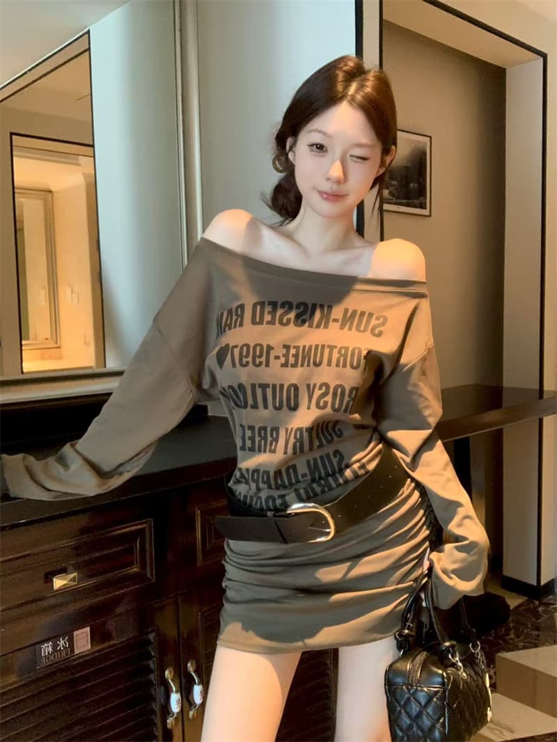 실사 정가 가을 새로운 한국 스타일 패션 한 부서 오프숄더 알파벳 프린트 여성 드레스 벨트 포함 상세 이미지 7