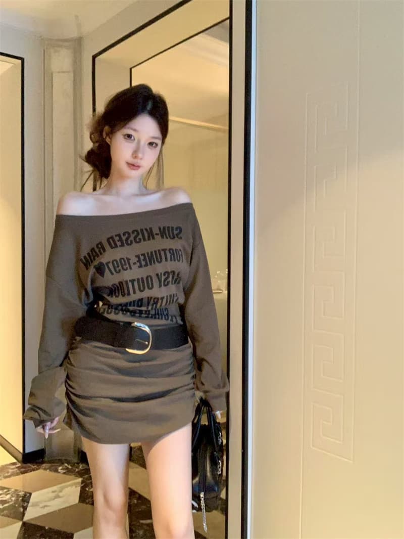 실사 정가 가을 새로운 한국 스타일 패션 한 부서 오프숄더 알파벳 프린트 여성 드레스 벨트 포함 상세 이미지 8