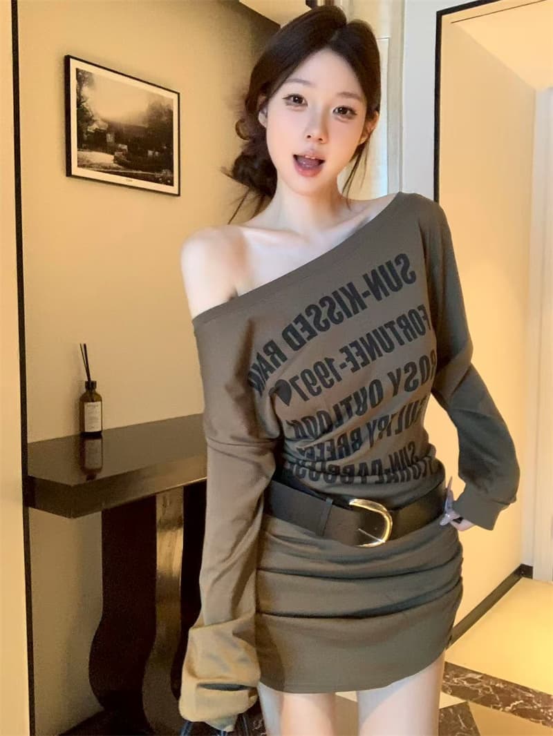 실사 정가 가을 새로운 한국 스타일 패션 한 부서 오프숄더 알파벳 프린트 여성 드레스 벨트 포함 상세 이미지 10