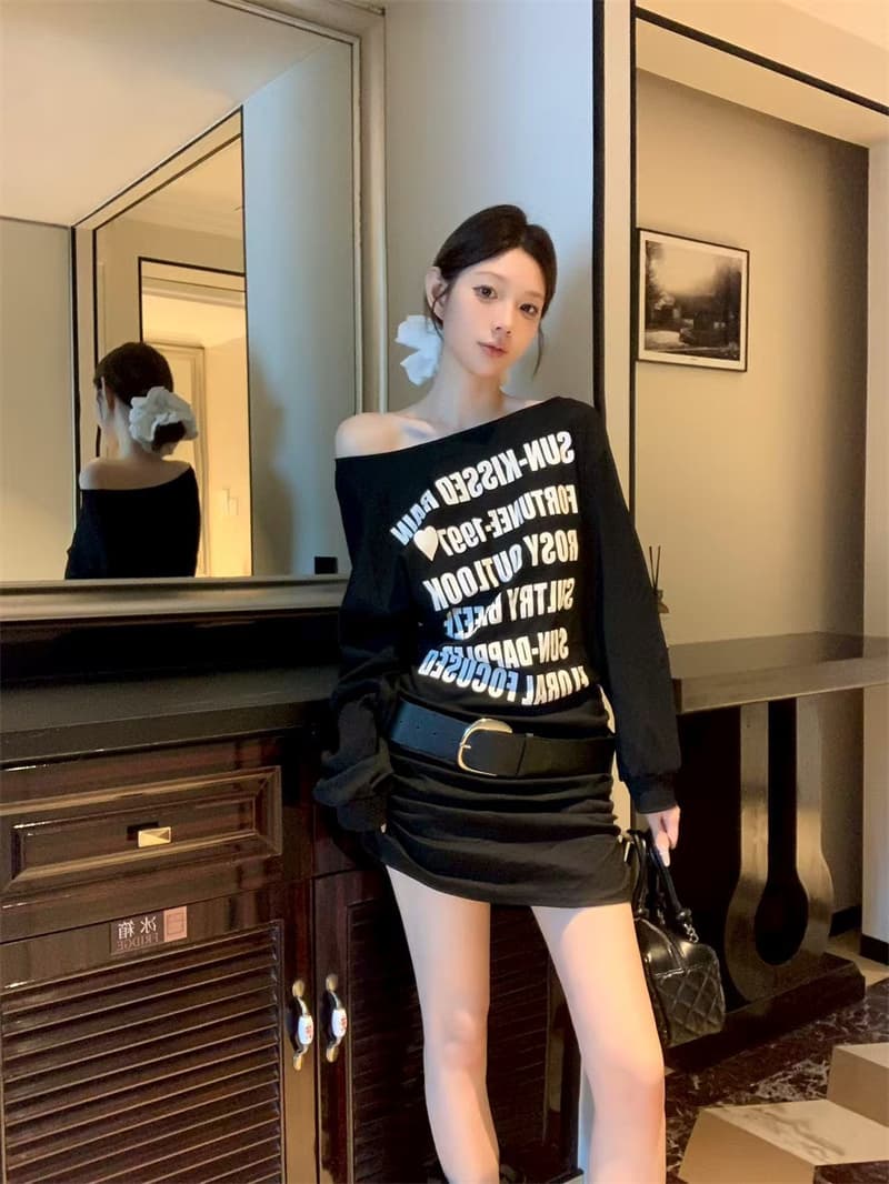 실사 정가 가을 새로운 한국 스타일 패션 한 부서 오프숄더 알파벳 프린트 여성 드레스 벨트 포함 상세 이미지 17