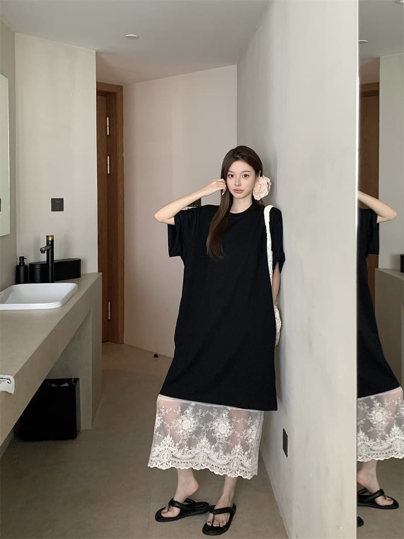 실사 정가 반팔 티셔츠 치마 여성 프랑스식 레이스 반 스커트 스택 착용 루즈핏 중간 길이 드레스 투피스 세트 이미지 2