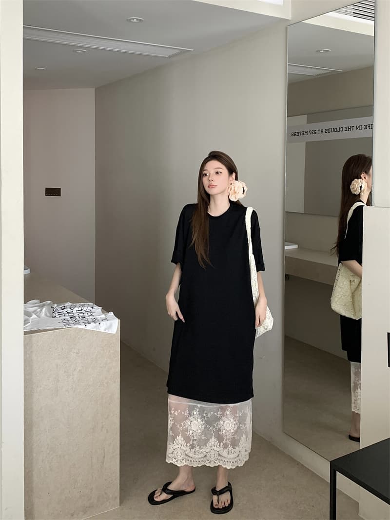 실사 정가 반팔 티셔츠 치마 여성 프랑스식 레이스 반 스커트 스택 착용 루즈핏 중간 길이 드레스 투피스 세트 이미지 3