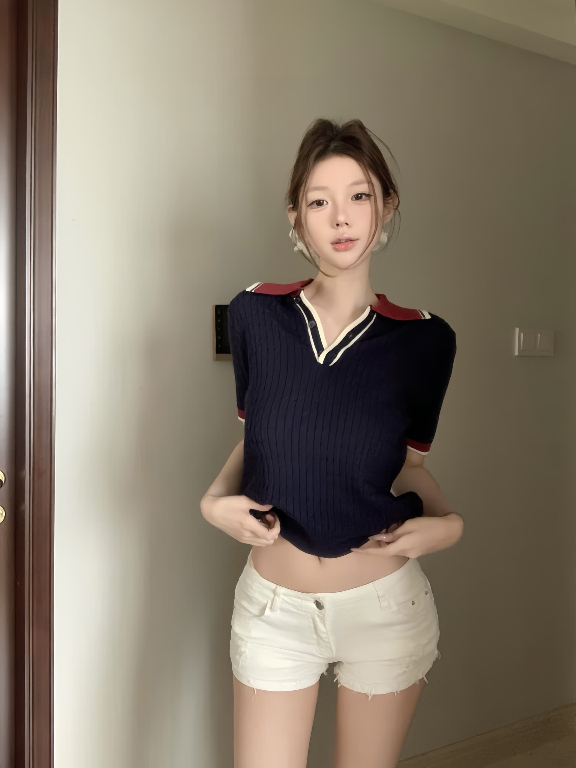 실사 아니요 가격 인하 한 부서 배색 패치워크 폴로 칼라 긍정적 인 어깨 반팔 니트 스웨터 여성 패션 출퇴근 다용도 맨위 상세 이미지 9