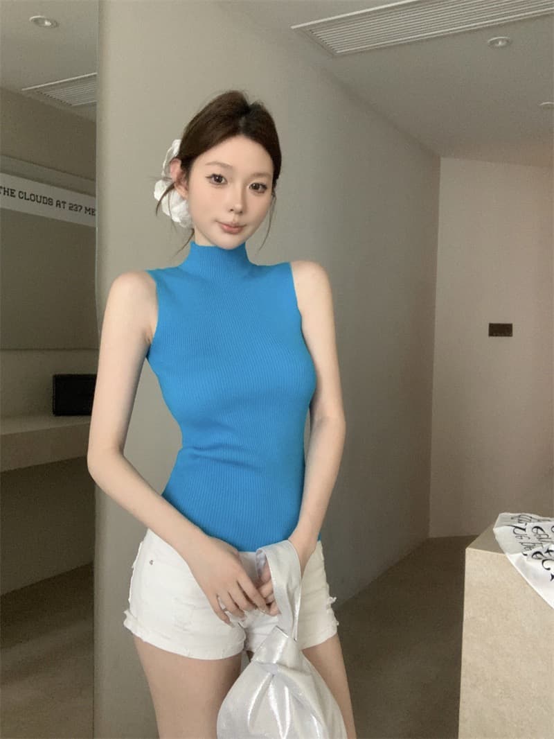 실사 정가 니트 캐미솔 봄 하프 스탠드 칼라 핫걸 아메리칸 섹시함 슬림해 보이는 맨위