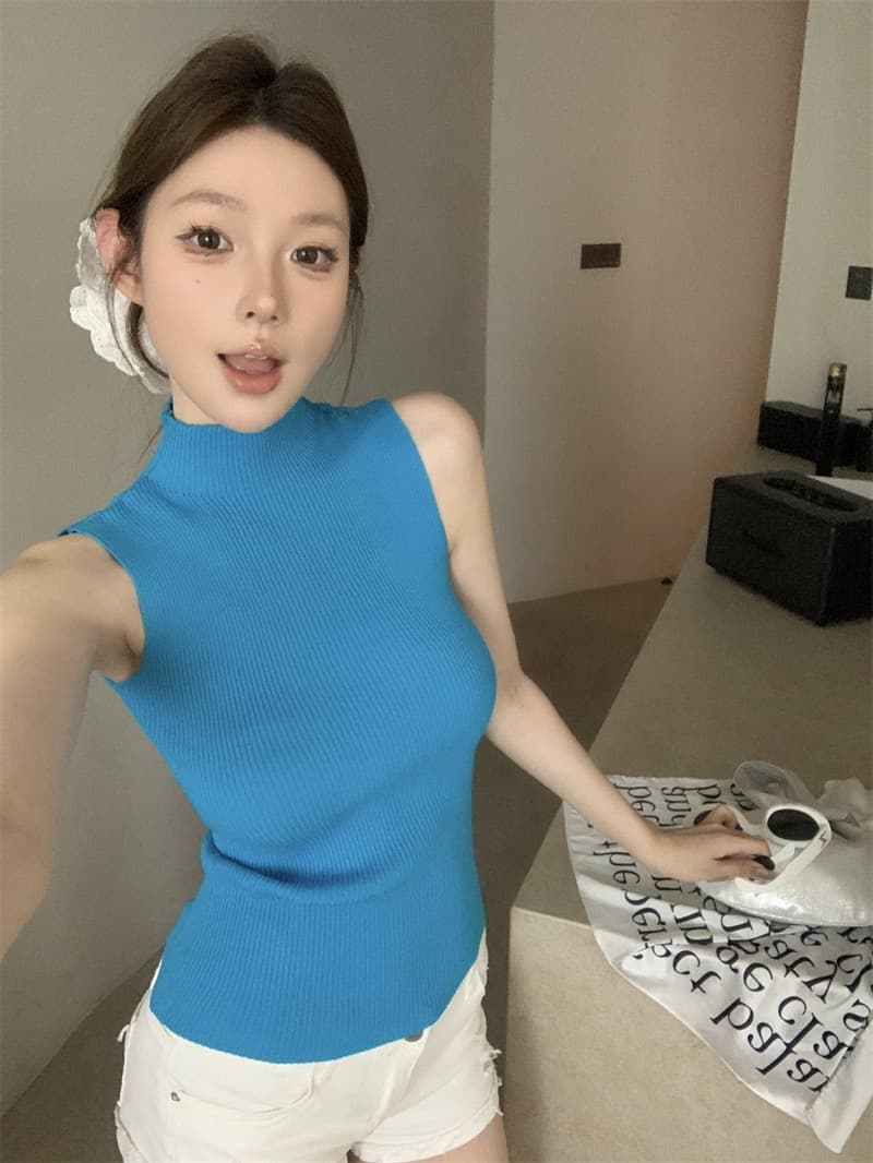 실사 정가 니트 캐미솔 봄 하프 스탠드 칼라 핫걸 아메리칸 섹시함 슬림해 보이는 맨위 상세 이미지 6