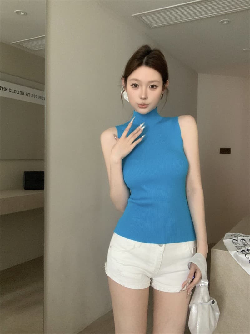 실사 정가 니트 캐미솔 봄 하프 스탠드 칼라 핫걸 아메리칸 섹시함 슬림해 보이는 맨위 상세 이미지 7