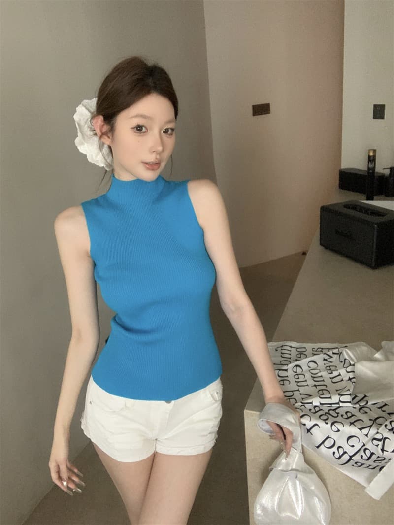 실사 정가 니트 캐미솔 봄 하프 스탠드 칼라 핫걸 아메리칸 섹시함 슬림해 보이는 맨위 상세 이미지 8