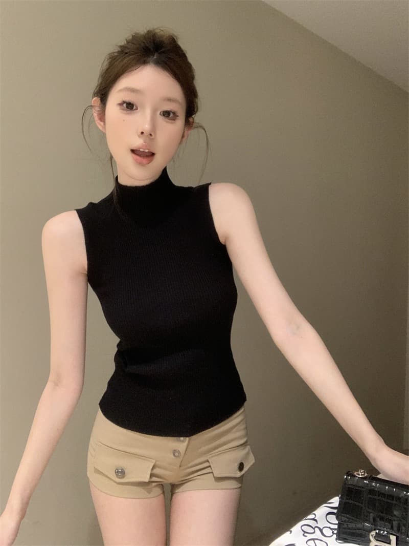 실사 정가 니트 캐미솔 봄 하프 스탠드 칼라 핫걸 아메리칸 섹시함 슬림해 보이는 맨위 상세 이미지 10